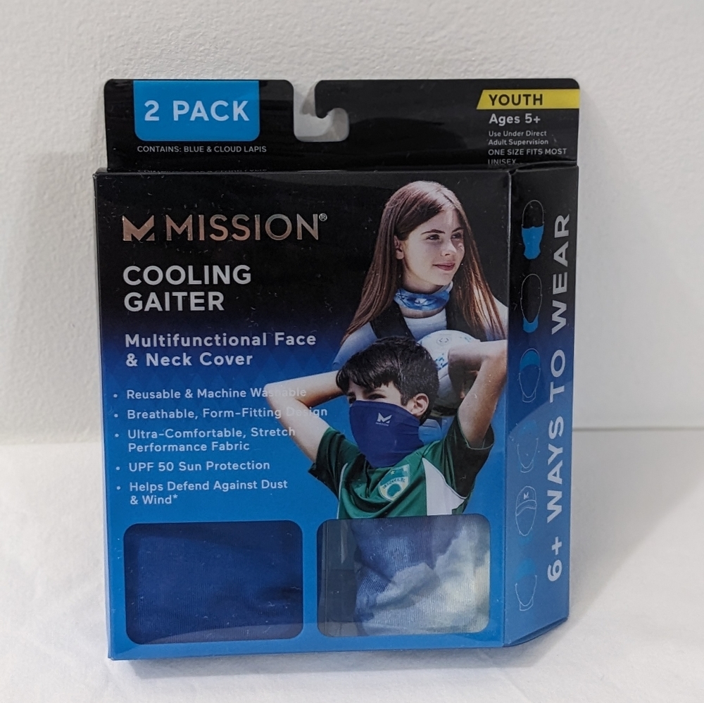 MISSION Cooling Neck Gaiters For Youth, 2 Pack, Blue Color, NEW